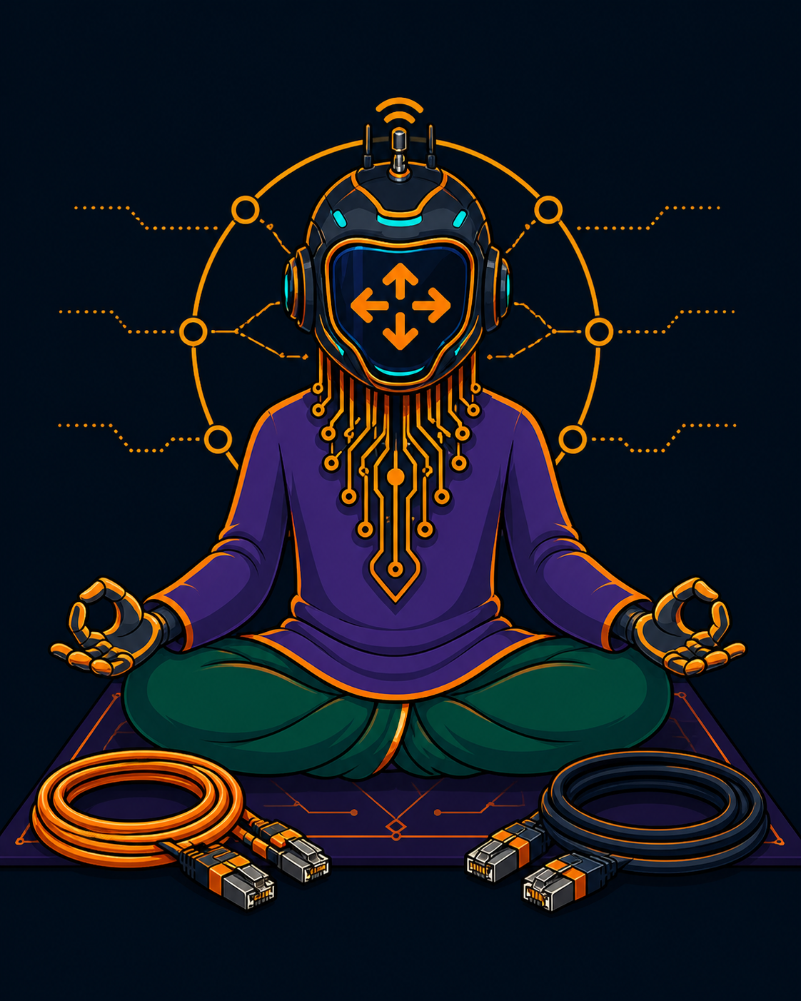 RouterBaba seated in lotus pose with a network topology halo